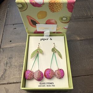 Piper K Jewelry Cherry cherries Dangle Drop Earrings Glass Stones Gem Sparkle